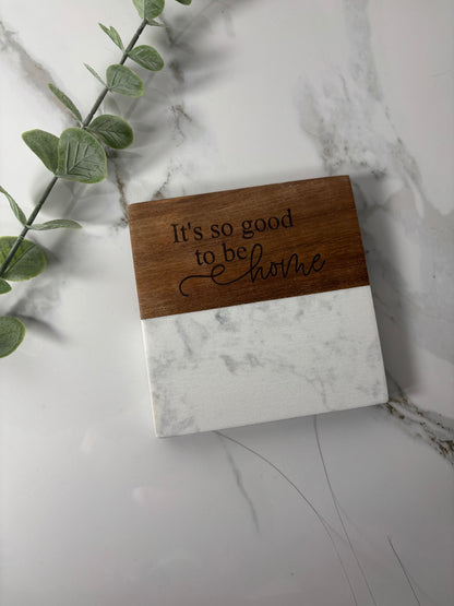 Marble & Acacia Wood Coasters with Display Stand