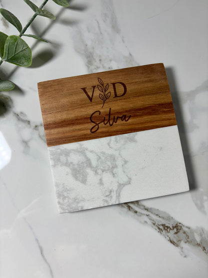 Marble & Acacia Wood Coasters with Display Stand