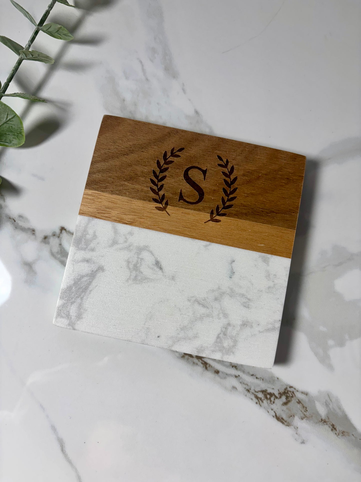 Marble & Acacia Wood Coasters with Display Stand