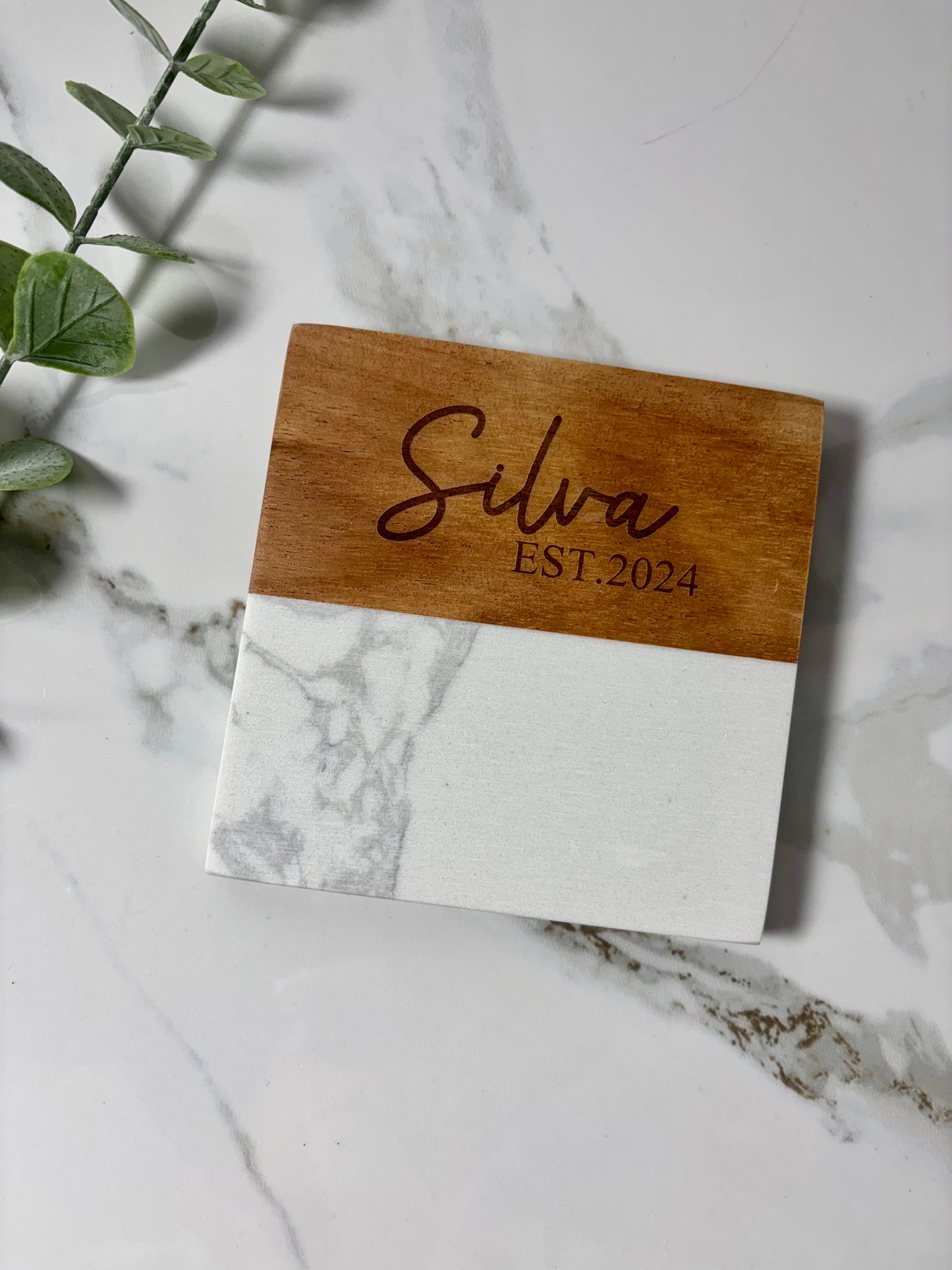 Marble & Acacia Wood Coasters with Display Stand