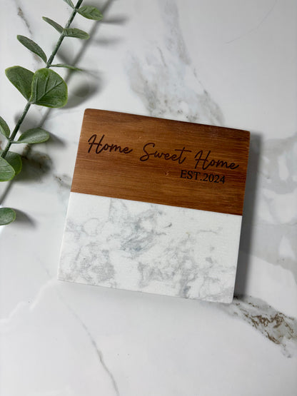 Marble & Acacia Wood Coasters with Display Stand