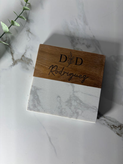 Marble & Acacia Wood Coasters with Display Stand