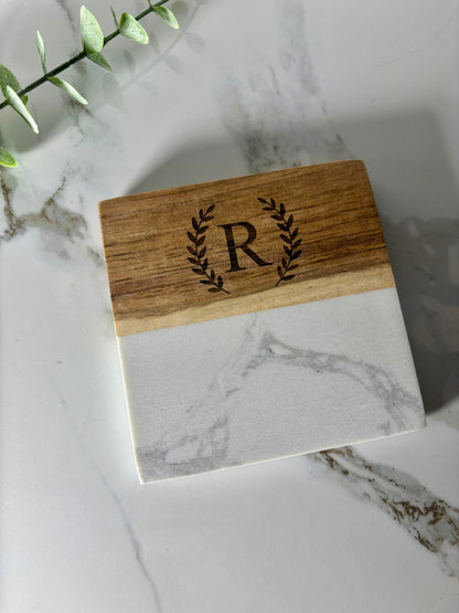 Marble & Acacia Wood Coasters with Display Stand