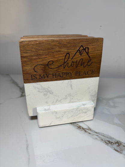 Marble & Acacia Wood Coasters with Display Stand